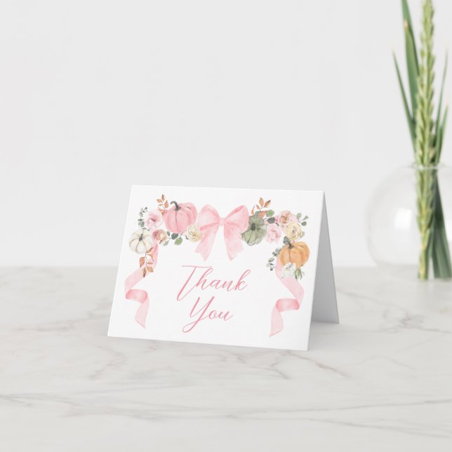 Pink Bow Pumpkin Baby Shower Thank You Card (Front)