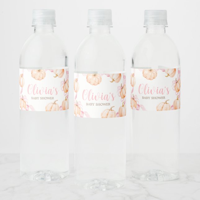 Pink Bow Pumpkin Baby Shower Water Bottle Label (Bottles)