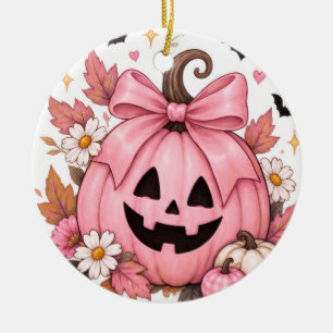 Pink Bow Pumpkin Coquette Halloween Ceramic Ornament