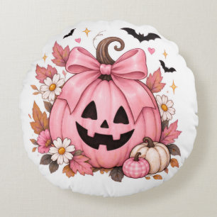 Pink Bow Pumpkin Coquette Halloween Round Pillow