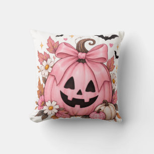 Pink Bow Pumpkin Coquette Halloween Throw Pillow