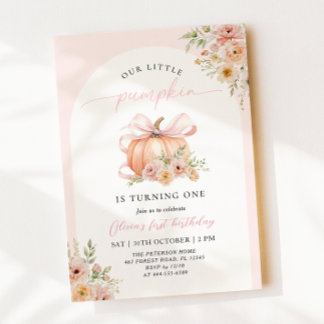 Pink Bow Pumpkin Floral First Birthday Invitation