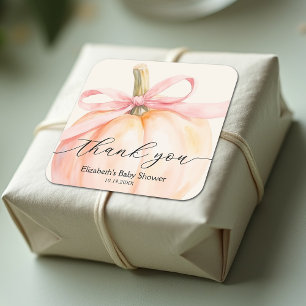 Pink Bow Pumpkin Girl Baby Shower Square Sticker