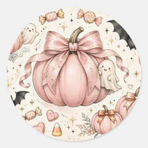 Pink Bow Pumpkin Halloween Coquette Ghosts Bats Classic Round Sticker