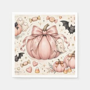 Pink Bow Pumpkin Halloween Coquette Ghosts Bats Napkin