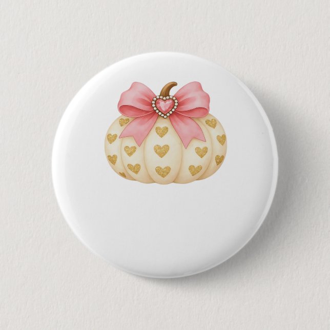 Pink Bow Pumpkin with Golden Hearts – Coquette Fal 2 Inch Round Button (Front)