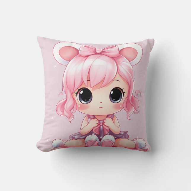 Pink Bow, Purple Dress, Big Eyes Cartoon Throw Pillow (Front)