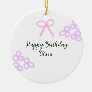 Pink bow purple floral pastel happy birthday  ceramic ornament