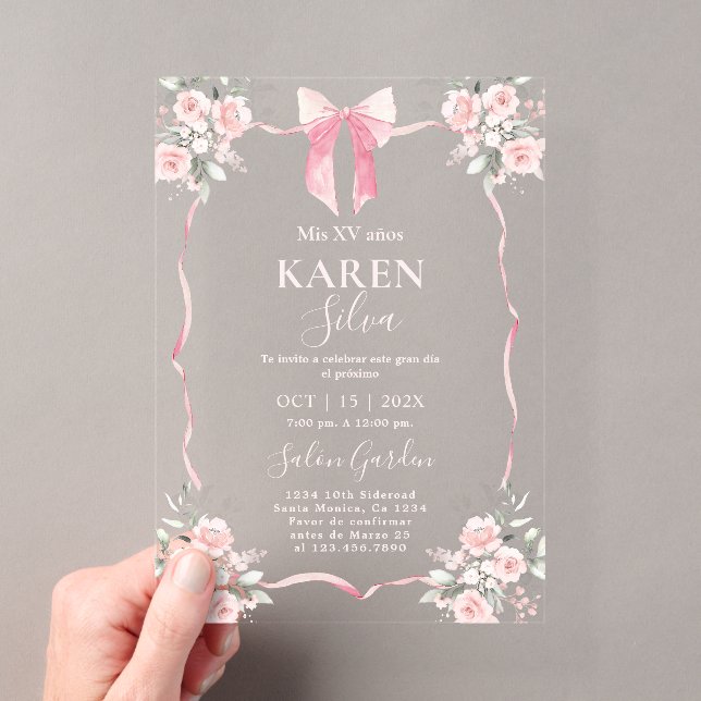 Pink Bow Quinceanera Acrylic Invitation (Insitu (Handheld))
