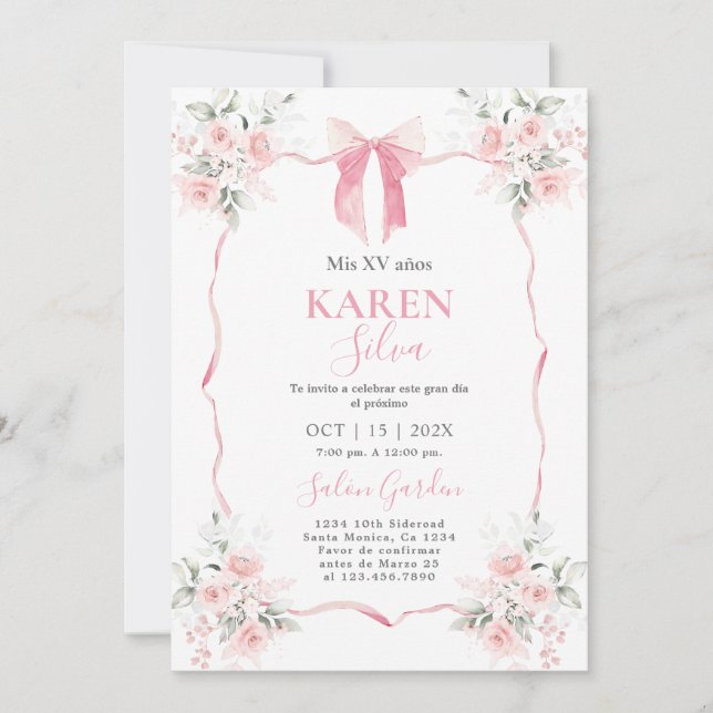 Pink Bow Quinceanera Invitation (Front)