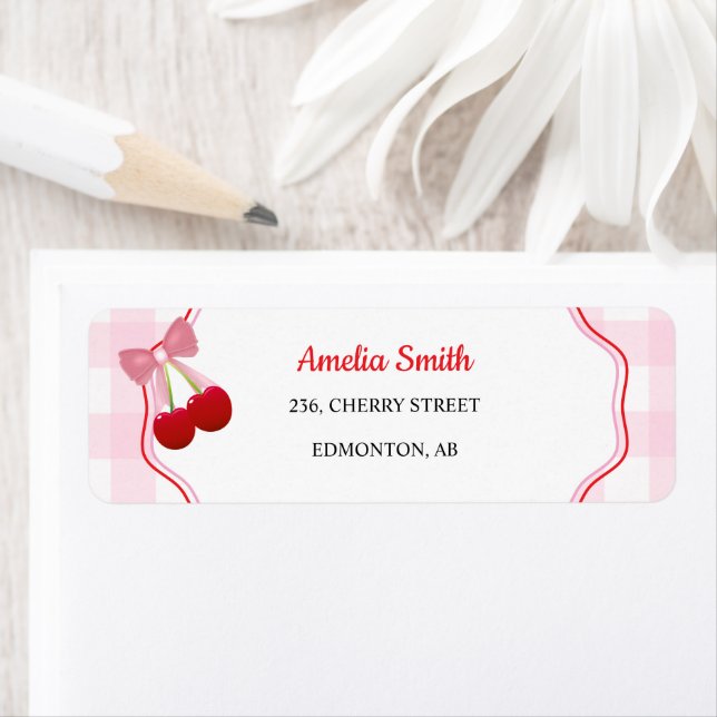 Pink Bow Red Cherry Bridal Shower Return Address  (Insitu)