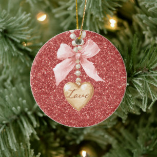 Pink Bow Red Glitter Love Heart Necklace Christmas Ceramic Ornament