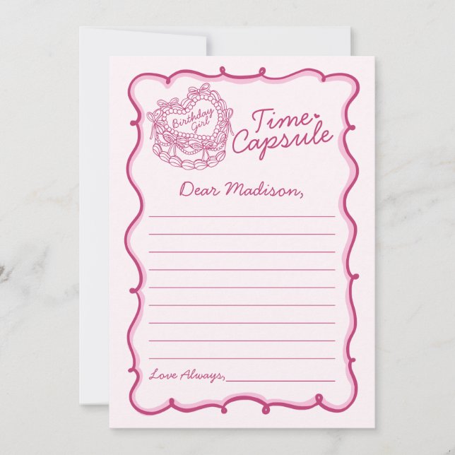 Pink Bow Retro Coquette Cake Time Capsule Card (Front)
