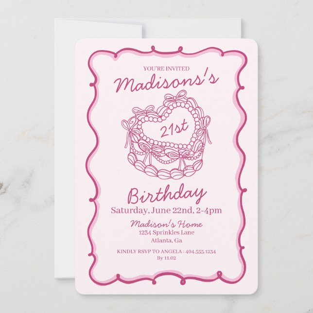 Pink Bow Retro Heart Coquette Cake 21st Birthday Invitation (Front)