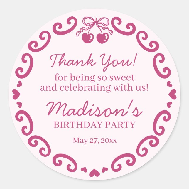 Pink Bow Retro Heart Coquette Cake Birthday Classic Round Sticker (Front)