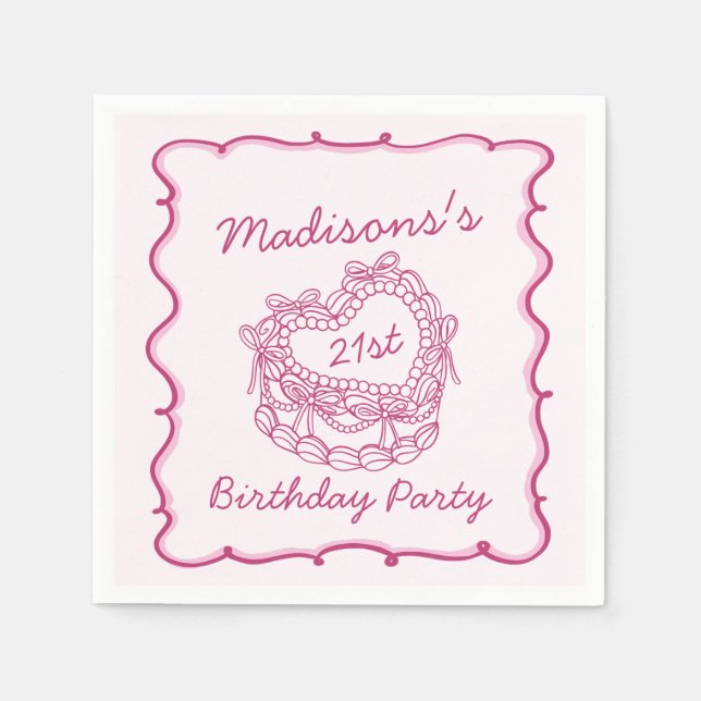 Pink Bow Retro Heart Coquette Cake Birthday Napkin (Front)