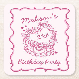 Pink Bow Retro Heart Coquette Cake Birthday Square Paper Coaster