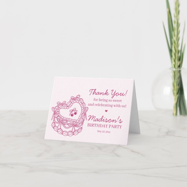 Pink Bow Retro Heart Coquette Cake Birthday Thank You Card (Front)