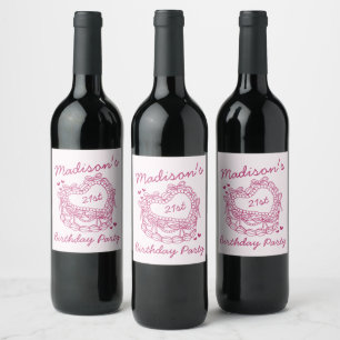Pink Bow Retro Heart Coquette Cake Birthday Wine Label