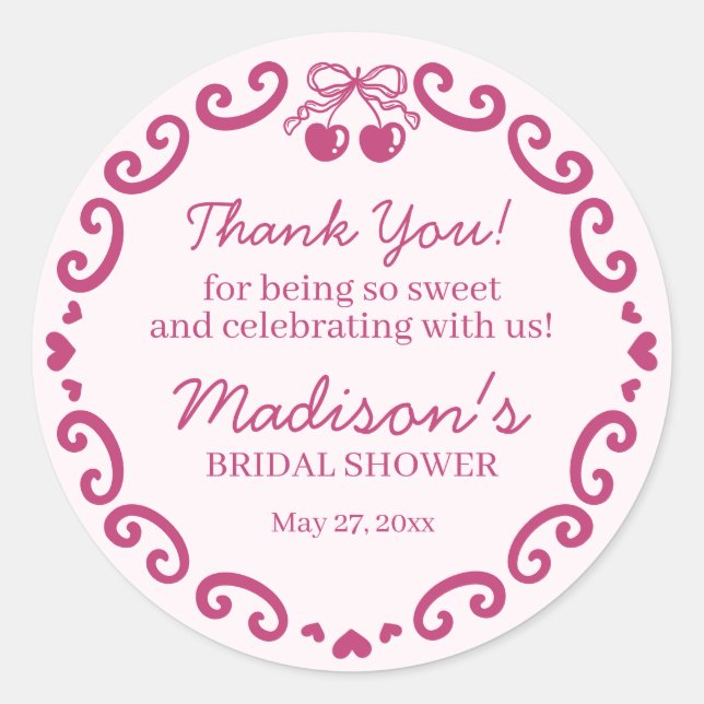 Pink Bow Retro Heart Coquette Cake Bridal Shower Classic Round Sticker (Front)