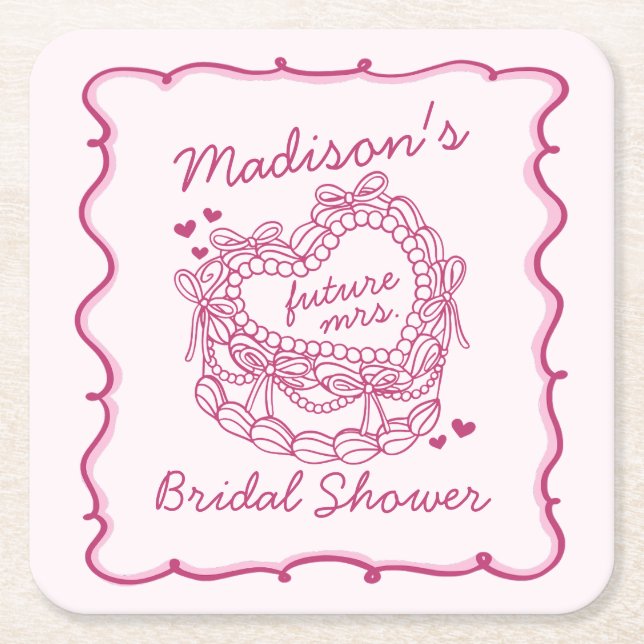 Pink Bow Retro Heart Coquette Cake Bridal Shower Square Paper Coaster (Front)