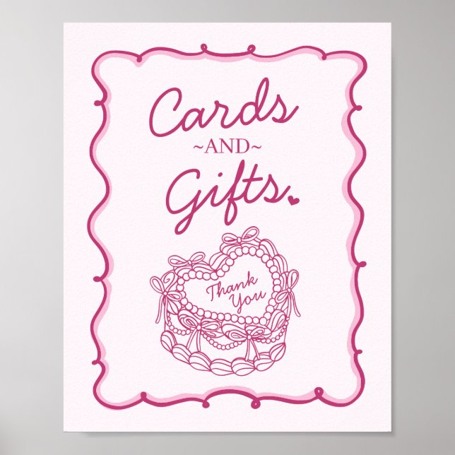 Pink Bow Retro Heart Coquette Cake Cards & Gifts Poster (Front)