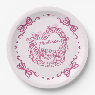 Pink Bow Retro Heart Coquette Cake Personalized Paper Plate