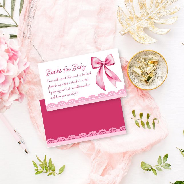 Pink bow retro lace baby shower books request enclosure card (Pink bow retro lace baby shower books request enclosure card coquette baby shower books for baby  )