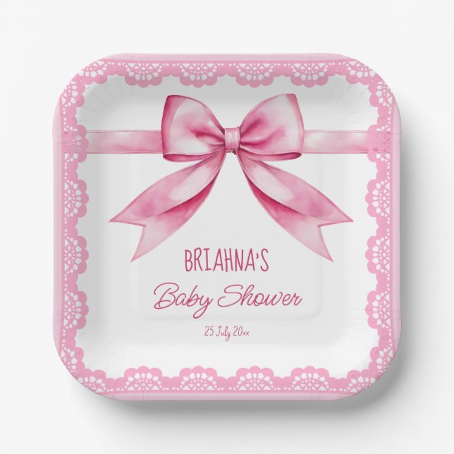 Pink bow retro lace baby shower printed template paper plate (Front)