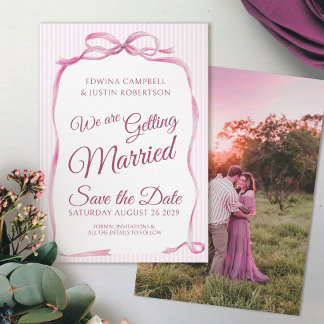 Pink bow ribbon art stripes save the date cards