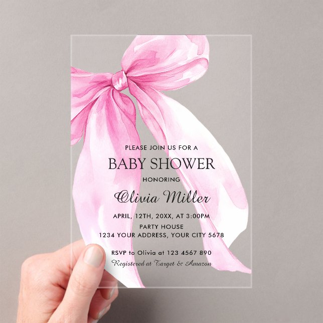 Pink Bow Ribbon Baby Shower Acrylic Invitations (Insitu (Handheld))