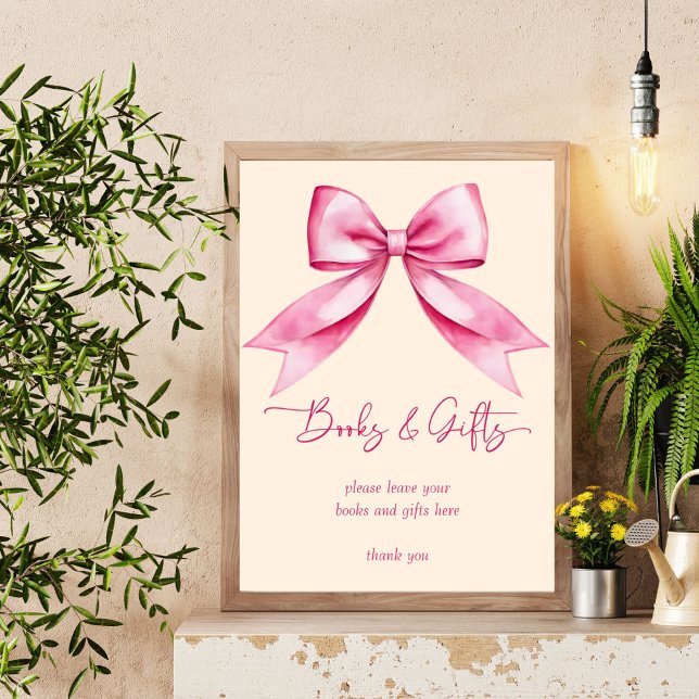 Pink bow ribbon baby shower books gifts sign (Pink bow ribbon baby shower books gifts table sign editable template download personalized decor)