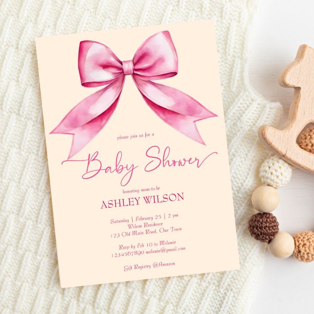 Pink bow ribbon baby shower cute elegant invitation (Pink bow ribbon baby shower cute elegant invitation template digital download vintage bow blush pink)
