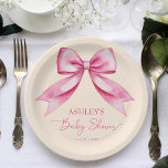 Pink bow ribbon baby shower cute elegant template paper plate<br><div class="desc">Pink bow ribbon baby shower cute elegant template paper plates personalized baby girl baby shower tableware decor vintage ribbon soft pink party plates</div>