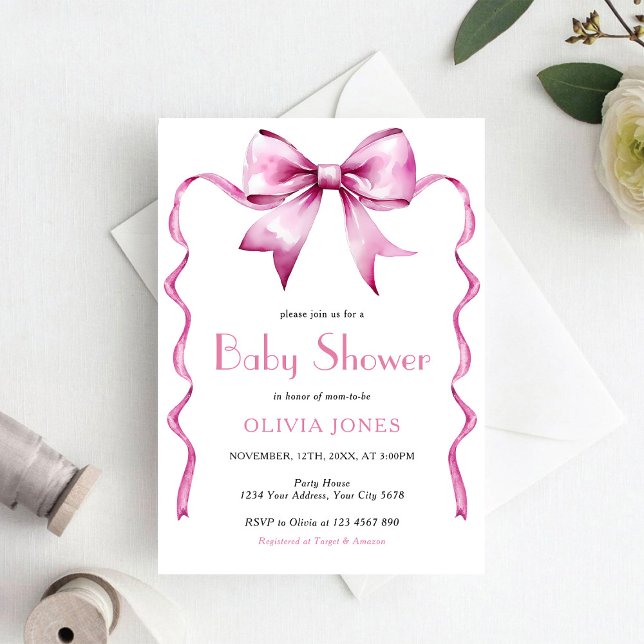 Pink Bow ribbon Baby Shower Invitation (Creator Uploaded)