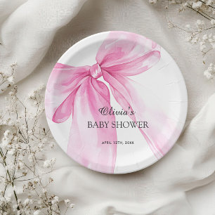 Pink Bow Ribbon Baby Shower Paper Plate