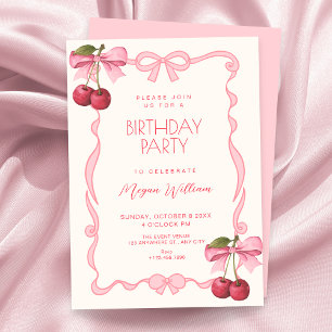 Pink bow ribbon cherry birthday invitation