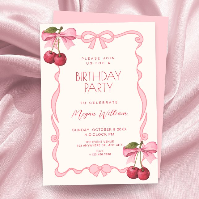 Pink bow ribbon cherry birthday invitation (Creator Uploaded)
