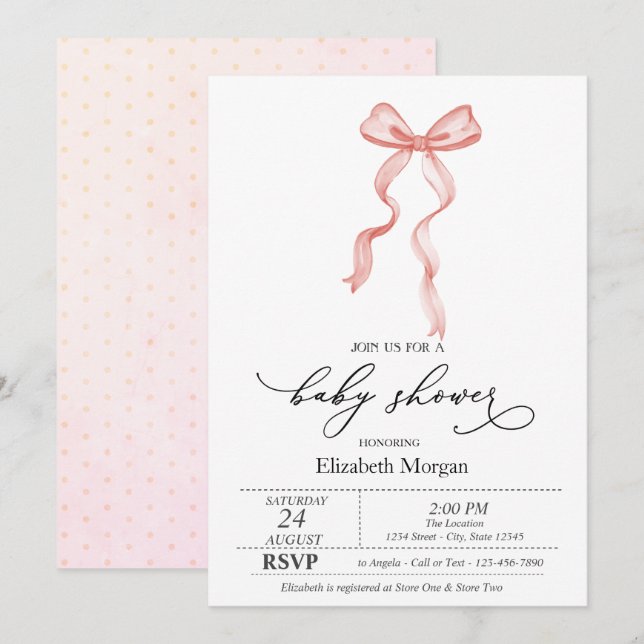 Pink Bow Ribbon Dots Baby Shower  Invitation (Front/Back)