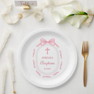 Pink Bow Ribbon Frame Baptism Paper Plate