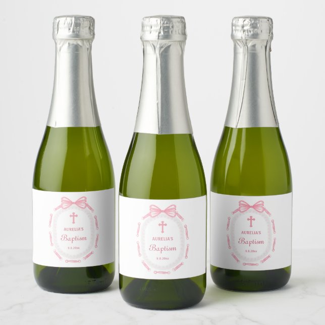 Pink Bow Ribbon Frame Baptism Sparkling Wine Label (Bottles)