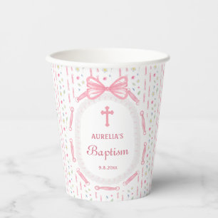 Pink Bow Ribbon Frame Floral Baptism Paper Cups