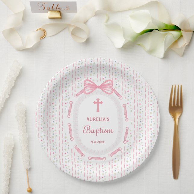 Pink Bow Ribbon Frame Floral Baptism Paper Plate (Wedding)