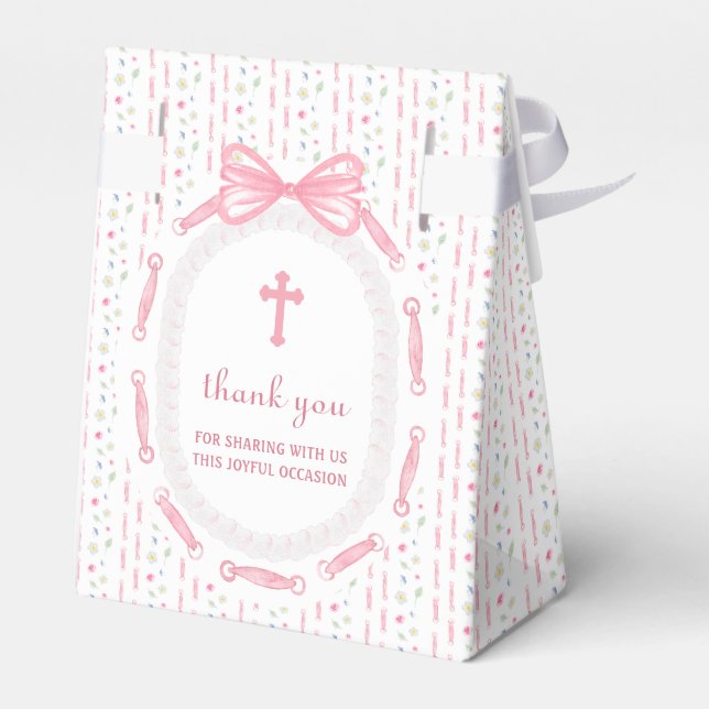 Pink Bow Ribbon Frame Floral Baptism Tent Favor Box (Back Side)
