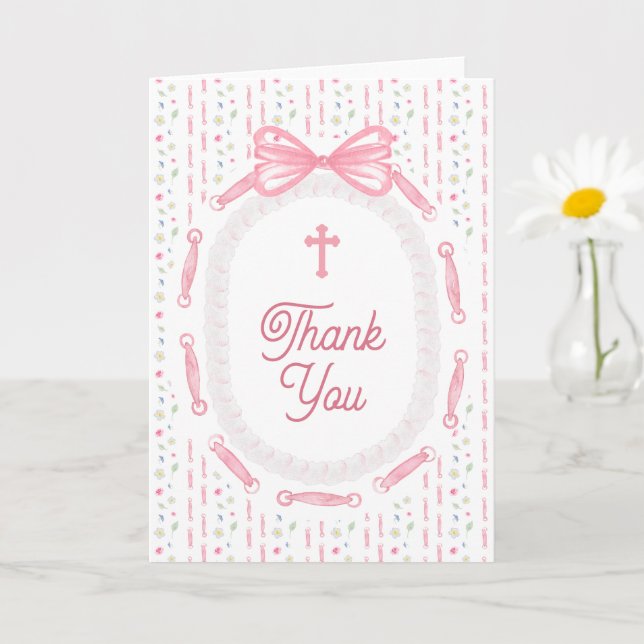 Pink Bow Ribbon Frame Floral Religious Thank You Card (Small Plant)