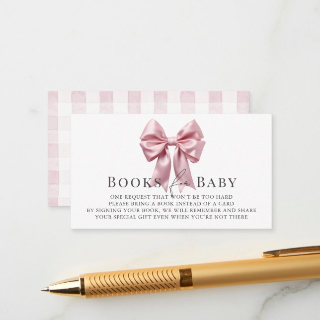 Pink Bow Ribbon Girl Baby Shower Books Request Enclosure Card (Front/Back In Situ)
