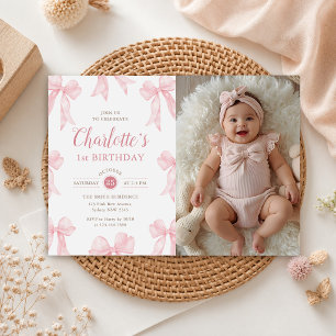 Pink Bow Ribbon Girl's 1st Birthday Photo Invitation