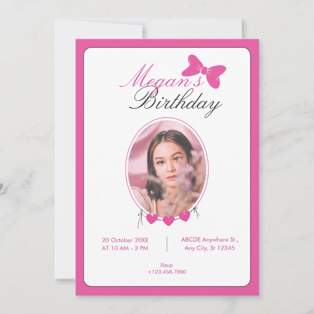 Pink bow ribbon photo birthday invitation (Front)