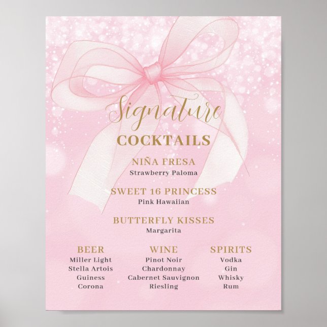 Pink Bow Ribbon Sweet 16 Signature Cocktails Menu Poster (Front)