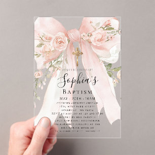 Pink Bow Rose Floral Girl Baptism Acrylic Invitations